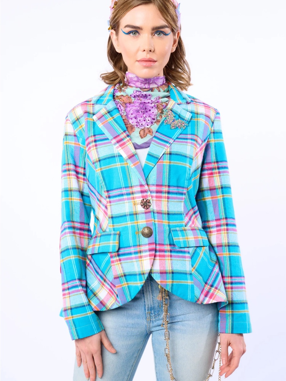 Aratta Dulce Plaid Turquoise Plaid Tailored Blazer with Pink & White Accents